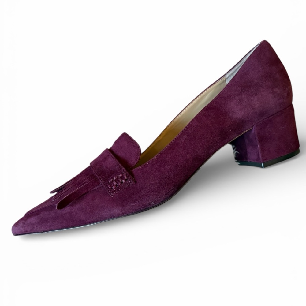 Ann Taylor Purple Plum Suede Block 2 inch Hill Fringe Loafers